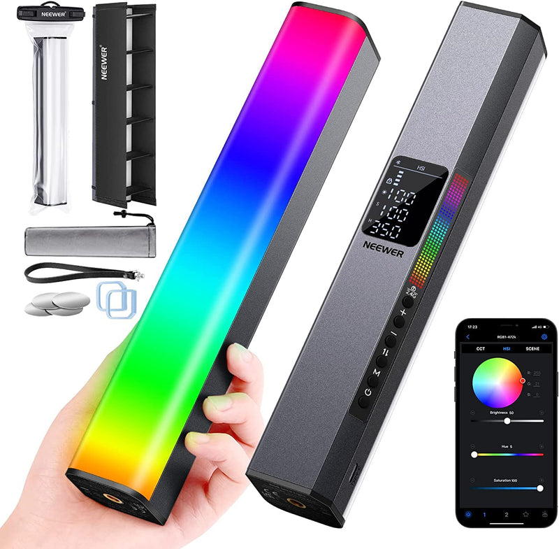 NEEWER RGB LED Video Light Stick, Touch Bar & APP Control, Magnetic Handheld Photography Lighting Wand, Dimmable 3200K~5600K CRI98+ Full Color LED Light with 6400mAh Battery, 17 Scenes, RGB1 RGB1-Silver