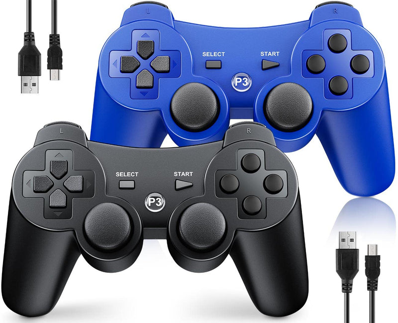OKHAHA Controller 2 Pack for PS3 Wireless Controller for Sony Playstation 3, Double Shock 3, Bluetooth, Rechargeable, Motion Sensor, Remote for PS3 (No Stripes(Black + Blue)) No Stripes(Black + Blue)