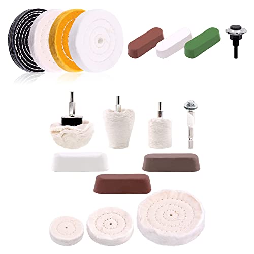 Keadic 18 Pcs 4 Inches Buffing Polishing Wheel Kit with Polish Compound Includes Cone/Column/Mushroom/T-Shaped Wheel Grinding Head with 1/4" Handle,Soft/Fine/Medium/Coarse/Rough Buffer Wheels with 1/2