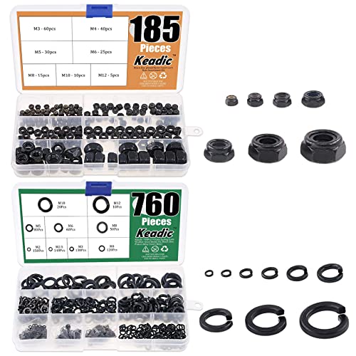 Keadic 945 Pcs Metric Black Zinc Plated Nylon Insert Lock Nuts Assortment Kit and Spring Lock Washer Assortment Kit M2 M2.5 M3 M4 M5 M6 M8 M10 M12