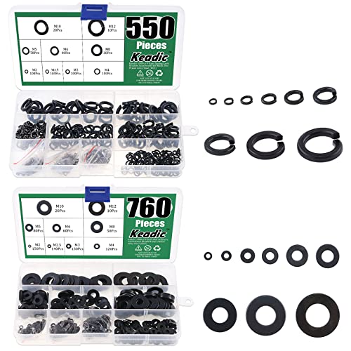 Keadic 1310 Pcs 9 Sizes Spring Lock Washer and Flat Washers Assortment Kit M2 M2.5 M3 M4 M5 M6 M8 M10 M12