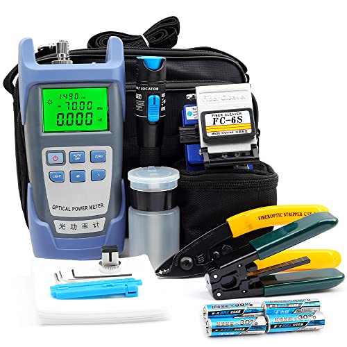 FTTH Fiber Optic Cold Connection Assembly Termination Tools Kit Bag with Visual Fault Locator Fiber Cleaver SC FC Connector Optical Power Meter Finder Cable Tester Stripper Tool Dust Free Paper B5