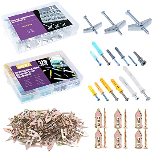 Swpeet 200Pcs Drywall Anchors with Screws + 24Pcs Toggle Bolt + 220Pcs Hollow Drywall Anchors