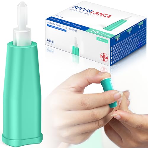 AIESI Sterile Disposable Lancets with Safety System and Retractable Stainless Steel Tip Needle 21G Securance (Pack of 100)