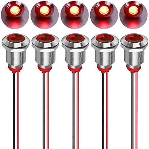 Gebildet 5pcs 12 mm AC/DC 12-24V LED Metal Indicator Light Waterproof Signal Lamp Pilot Dash Directional with Wire (Red) Red-ac/DC 12-24 V