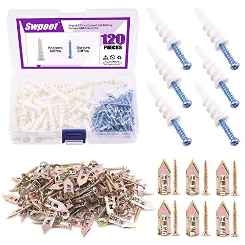 Swpeet 200Pcs Drywall Self-Drilling Anchors with Screws Kit + 120Pcs Plastic Self Drilling Drywall Anchors