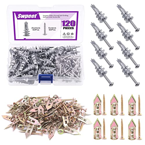 Swpeet 200Pcs Drywall Self-Drilling Anchors with Screws Kit + 120Pcs Zinc Self Drilling Drywall Anchors