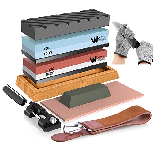 Knife Sharpening Stone Kit – 400/1000 3000/8000 Grit Wet Kitchen Whetstone Knife Sharpener Set with Non-slip Bamboo Rubber Base, Angle Guide, Flattening, Leather Strop and Cut Resistant Gloves 12 in 1