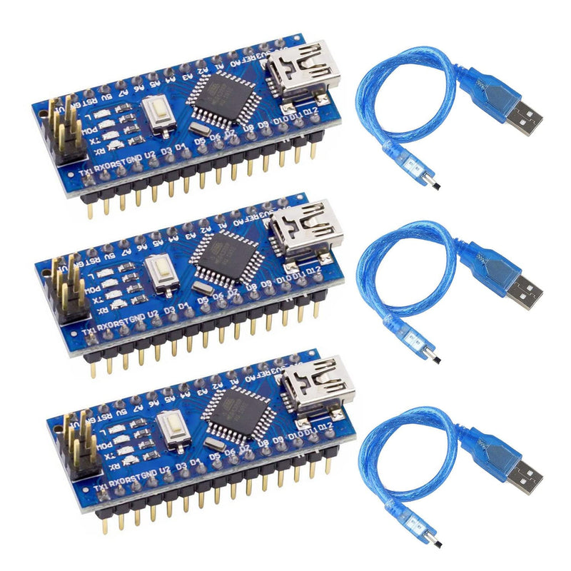 FainWan 3pcs Mini Nano V3.0, Nano Board ATmega328P CH340 5V 16MHZ Micro-Controller Board Compatible with Ar-duino IDE Mega2560 Rasp-Berry Pi (Nano x 3 with USB Cable)