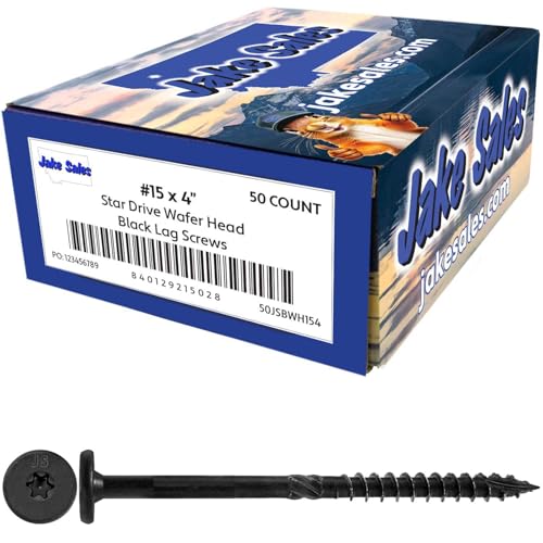 Jake Sales 15x4 Black Wafer Head Structural Lag Screws. Used for Log Construction, Timber Framing, Laminated Beams and Pole Barns Among Other Uses. T-30 Torx/Star Drive (50 Count Box - 50 Screws) 4" 50 COUNT