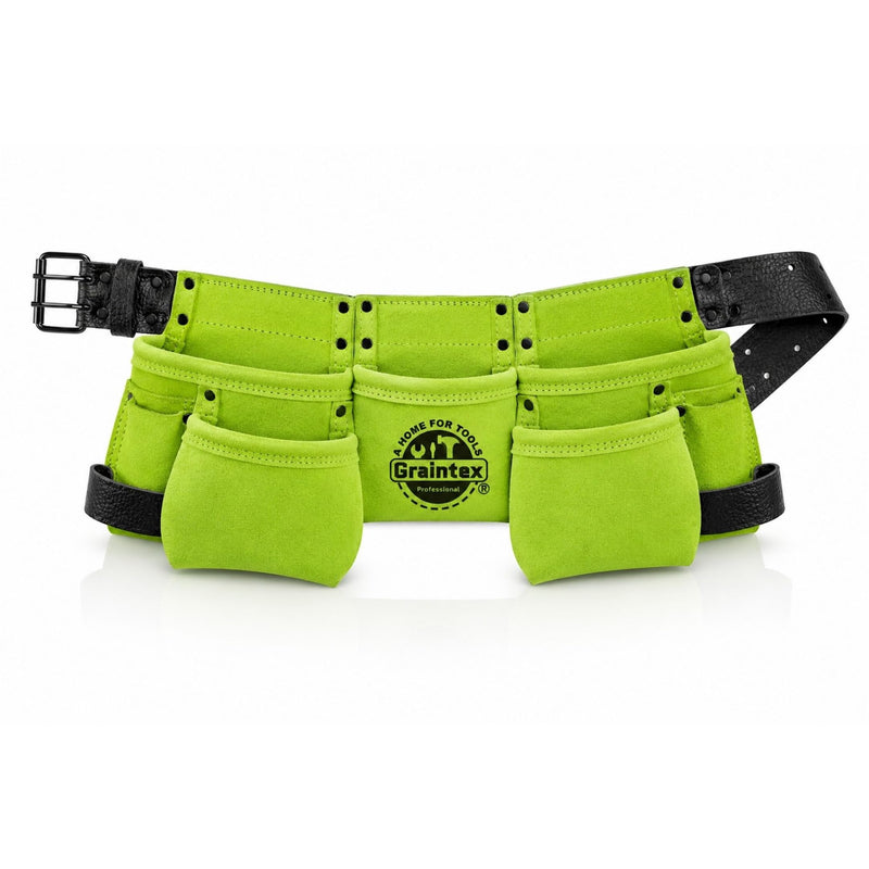 Graintex DS2358 :: 9 Pocket Children Tool Belt Lime Green Color Suede Leather, Kids Real Tool Belt, Boys and Girls Tool Apron for Home Improvement, 1.1/2" Leather Belt, Hammer Loops 9 Pockets