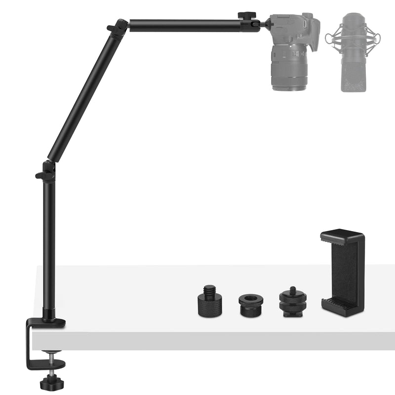 Overhead Camera Mount Desk Stand, Flexible Articulated Arm DSLR Desk Mount Light Stand Phone Holder with 1/4" 3/8'' 5/8'' Screw, Clamp Tabletop Stand for Podcasting/Light/Blue Yeti Nano/Webcam