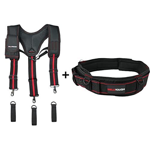MELOTOUGH Work Suspenders Tool Belt Suspenders with Large Moveable Phone Holder + Padded Tool Belt with handle strap Construction Work Belt with D ring to hook