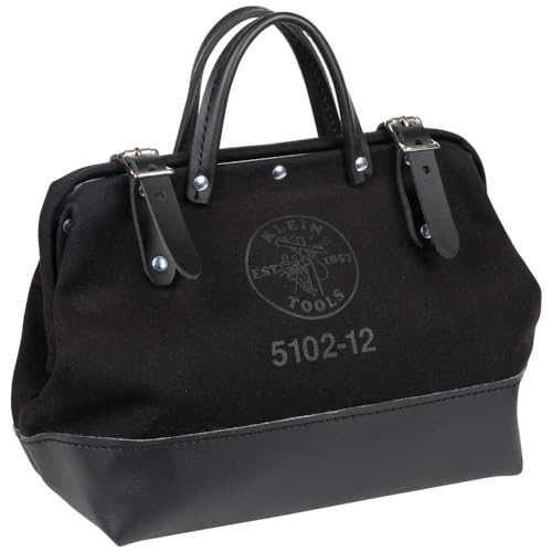 Klein Tools 510212BLK Heavy Duty Black Canvas Tool Bag, Tool Tote, Multi-Purpose Bag with Wide Hinged Opening and Leather Handles, 12-Inch
