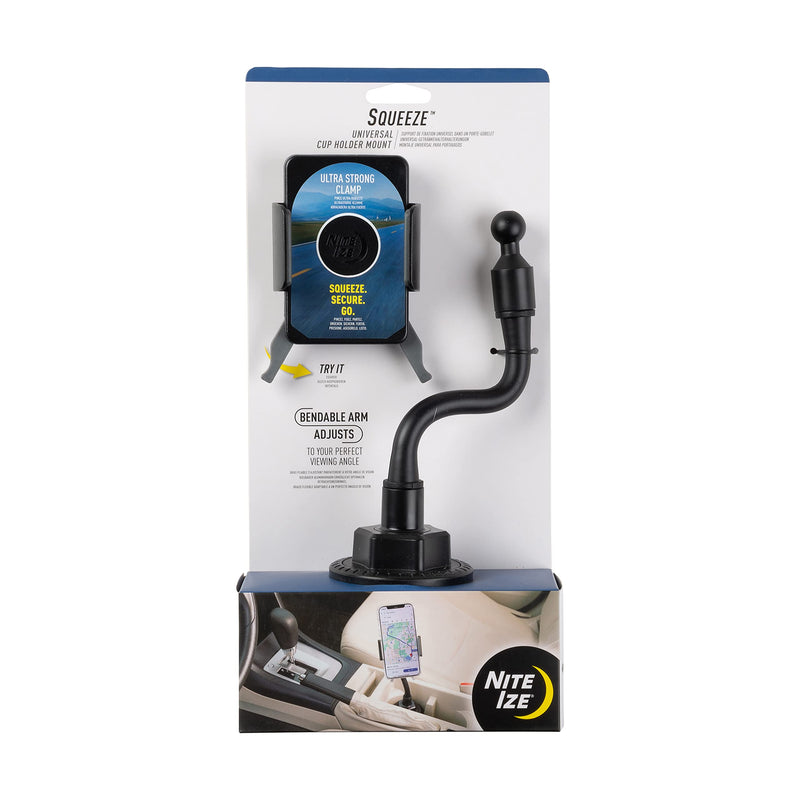 Nite Ize SUCH-01-R8 Squeeze Universal, Car iPhone, Samsung Galaxy Edge/Fold, Huawei, Google Pixel, Fits Virtually Any Phone Cup Holder Mount, Black