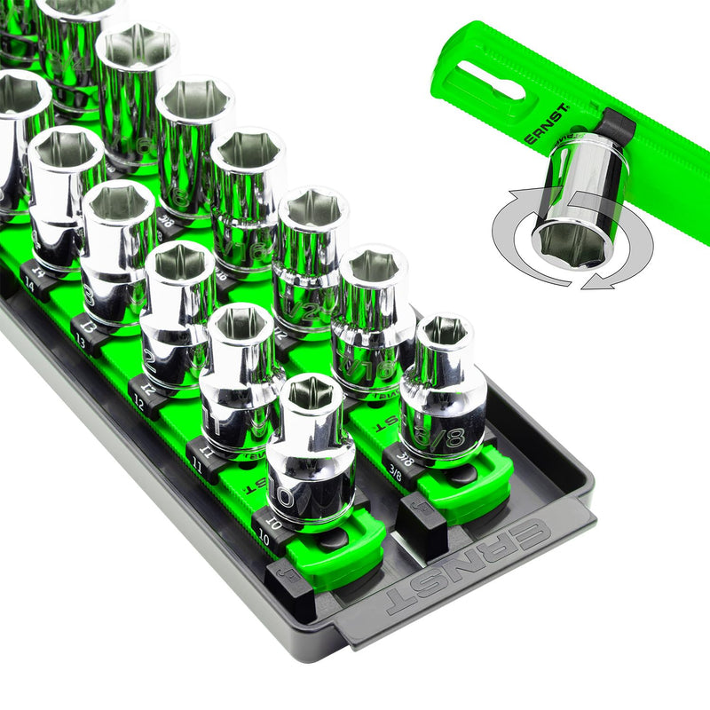 Ernst Manufacturing 8487 Socket Boss, 2 18-Inch Rails featuring Twist-Lock Secure Socket Holder and Drawer Tray, Fits 1/2 Inch Drive Sockets, Green - Made in USA 19-INCH 1/2"