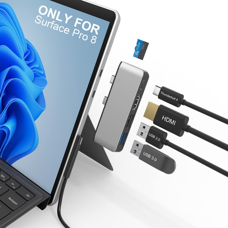 Surface Pro 8 Hub Docking Station with 4K HDMI, USB-C Thunerbolt 4 (Display+Data+PD Charging), USB 3.0, USB 2.0, TF Card Slot, Triple Display (Surface Pro 8+HDMI+USB C) for Microsoft Surface Pro 8 For Surface Pro 8