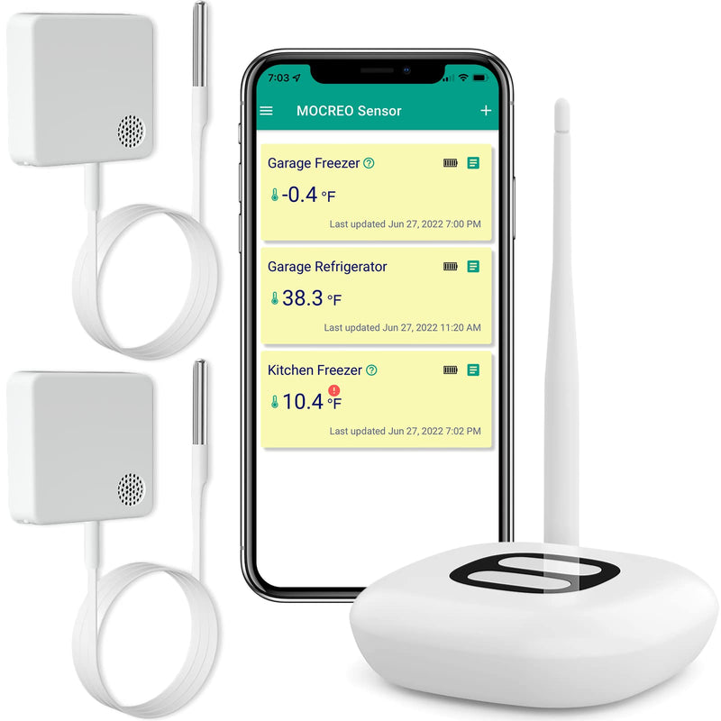 MOCREO WiFi Thermometer Freezer Alarm, Email Alert, App Notification, Data Record Export, No Subscription Fee, Remote Wireless Temperature Sensor for Refrigerator, Freezer, Hot Tub (2 Pack) 1 No LCD Hub + 2 Sensors