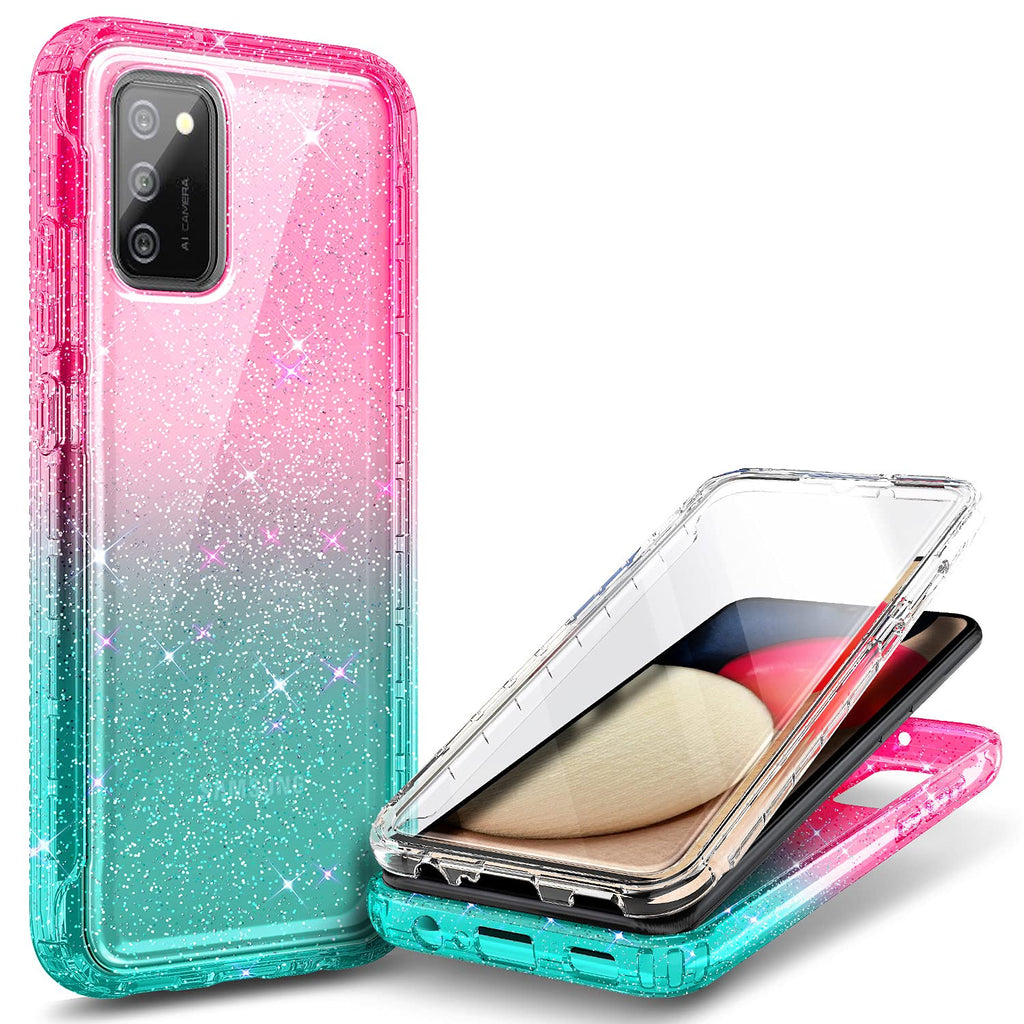 NZND Case for Samsung Galaxy A03S with [Built-in Screen Protector], Full-Body Protective Shockproof Rugged Bumper Cover, Impact Resist Phone Case (Glitter Pink/Aqua) Glitter Pink/Aqua