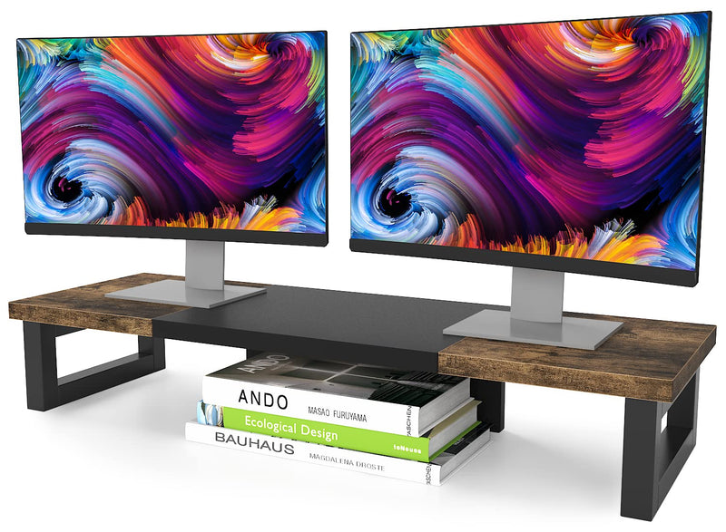 WESTREE Dual Monitor Stand Riser, Wood and Steel Multi-Purpose Desktop Storage Stand for 2 Monitors for Computer, Laptop, Printer, TV, Rustic Brown Large