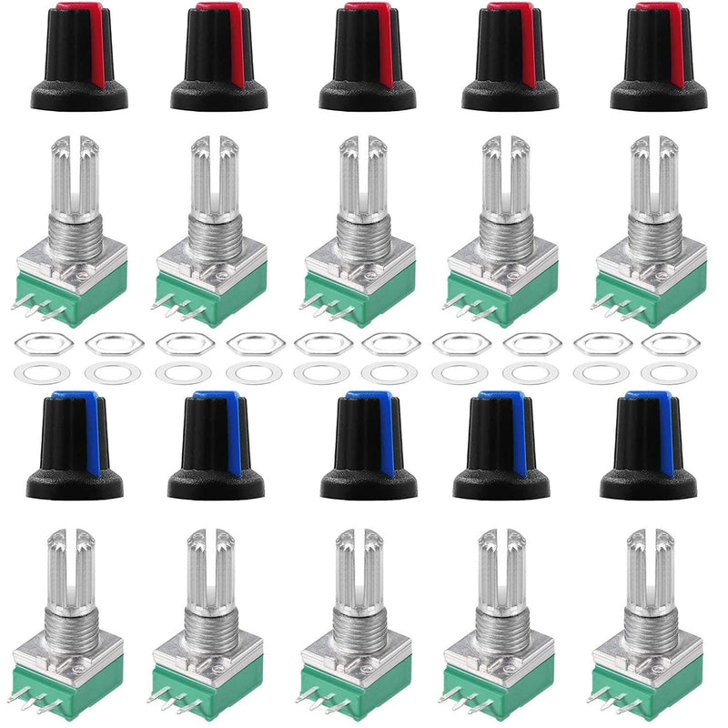 RUNCCI-YUN RK097N B10K Knurled Shaft 3 Terminals Potentiometer, Variable Resistors, with Plastic Knobs, 10 Sets