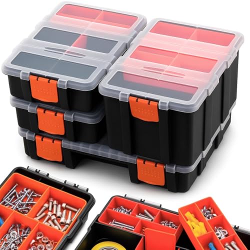 Andalus Tools Organizer Box, Small Parts Storage Multi-Compartment Portable Hardware Organizer Removable Plastic Dividers for Screws, Nuts, Bolts, Nails – Orange (4 Set, 12.2" x 9.1" x 7") 4 Pcs Set (12.2 x 9.1 x 7 Inches)