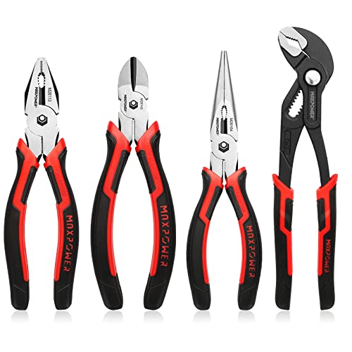 MAXPOWER 4-Piece Pliers Set, 8" Lineman, Cutters, Needle Nose & 10" Pump