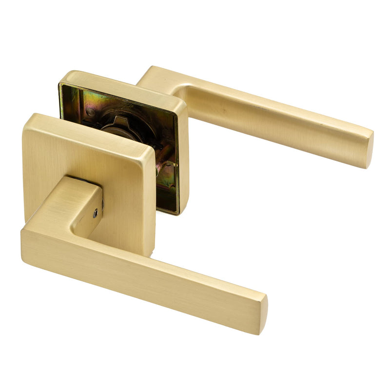 Linkaa Passage Door Handles Brushed Gold Door Lever Satin Brass for Hall or Closet, Keyless Door Knob, Square Interior Door Handle Heavy Duty Zinc Alloy (1, Passage (No Lock)，Brass Gold) Passage(no lock) 1