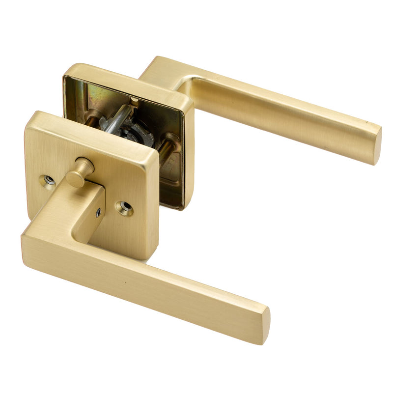 Linkaa Gold Satin Brass Door Handle Levers with Lock Privacy, Keyless Square Door Lever Lock Interior for Bedroom Bathroom (1 Pack, Privacy,Push Button Lock) Privacy(push button lock) 1