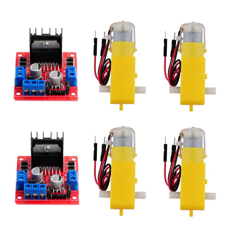 2pcs L298N Motor Driver Board Control Module with 4 TT Motor Kit DC Gear Motor Soldered with 2 Pin Dupont Wire Double Shank DC3-6V 1:48 Ratio 200RPM