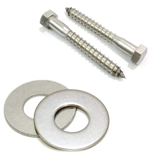3/8" x 3" Stainless Hex Lag Bolt Screws, (25 Pack) and 3/8" Stainless Flat Finish Washer 7/8" OD (100pc) by Bolt Dropper,304 (18-8) Stainless Steel.