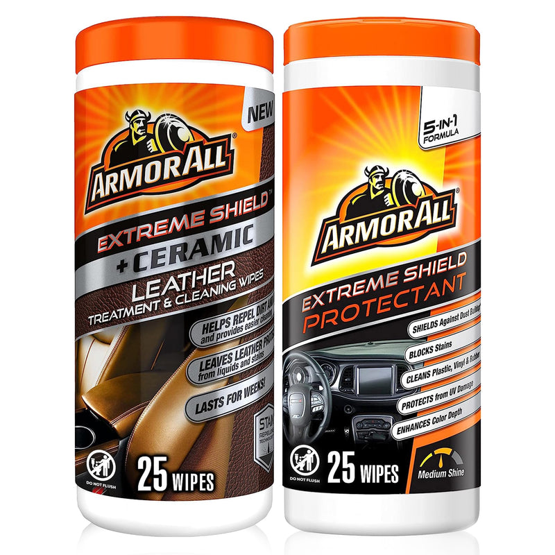 Armor All Ceramic Car Leather Cleaning Wipes, Use on Heated Seats and Leather Surfaces, Includes Ceramic Leather and Extreme Protectant Wipes - 2 Count Interior Care Wipes