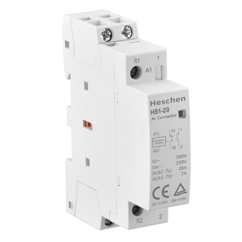 Heschen Household AC Contactor, HS1-20, Ie 20A, 2-Pin 1NO 1NC, 220/240V Coil Voltage, 35mm DIN Rail Mounting 230VAC 1NO 1NC 2P