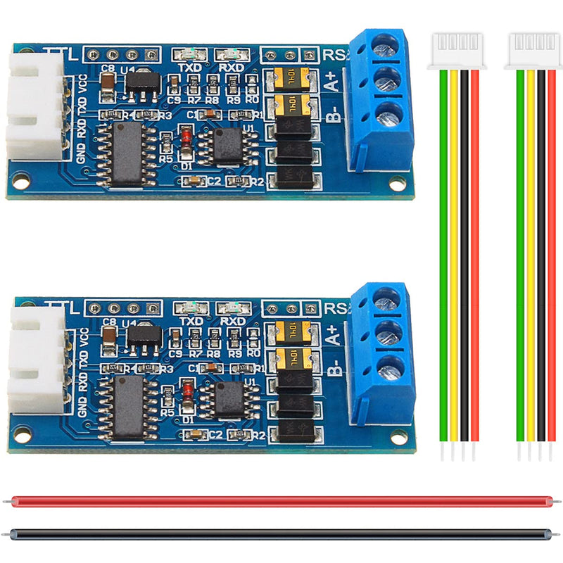 TTL to RS485 Adapter Module, Pack of 2 Level Converter Borad, Automatic Flow Direction Control 3.3V-5V 485 to TTL Signal Single Chip with RXD, TXD Display, 24AWG Cable