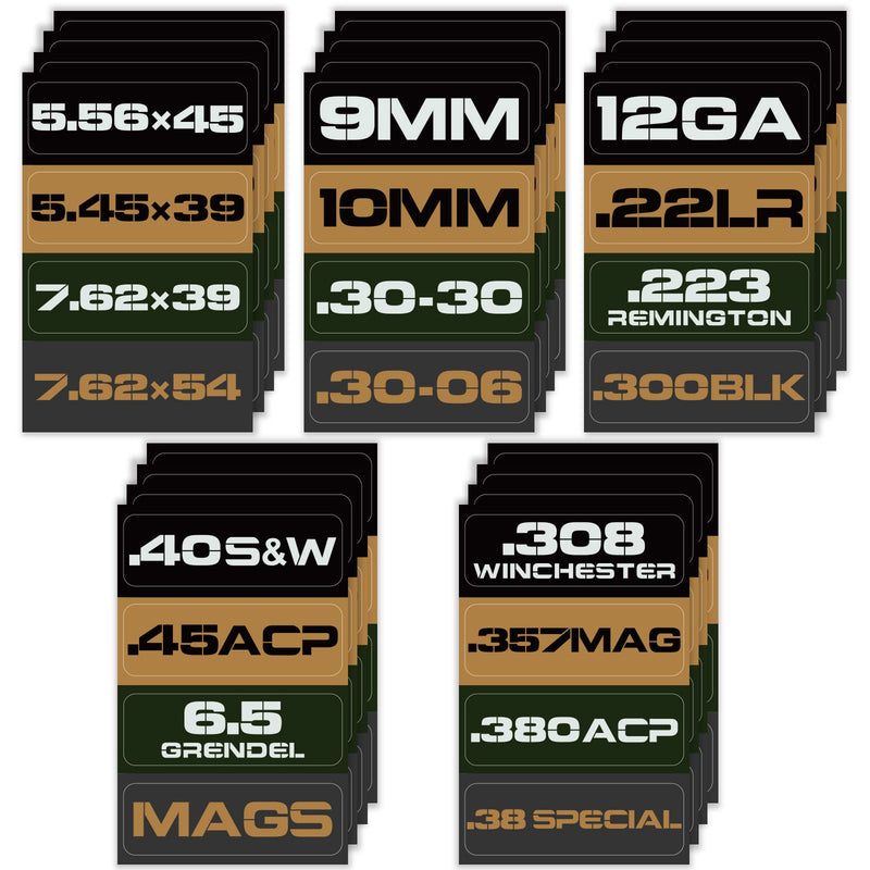 Aolamegs Ammo Can Vinyl Sticker Set, Caliber Decal Labels for Ammo Cans .22 .223 .308 9MM .380 .45 5.56 7.62 12GA 300BLK (80 Pack/20 Varieties) Colorful(80 Pack/20 Varieties）