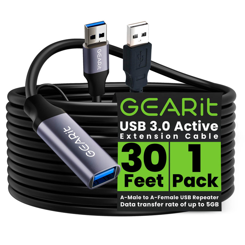 GEARit USB 3.0 Active Extension Cable (30 Feet) A-Male to A-Female USB Repeater with Signal Booster for Oculus Rift, Quest Link, Xbox 360 Kinect, PlayStation, Printer, Webcam - 30ft 30 Feet Black