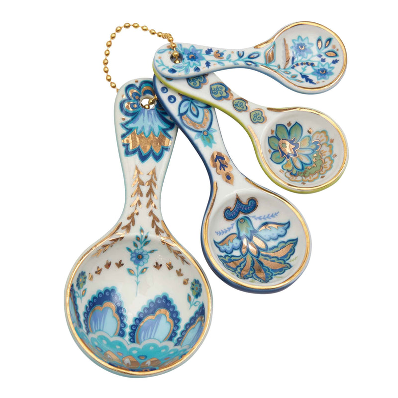 Mary DiSomma’s Ceramic Measuring Spoons (Set of 4) | Unique Signature Floral Print Design for each, Gold Overlay, Teal, Blue, Robin’s Egg Blue, Lime Green, Metallic Gold Chain, Boxed gift set