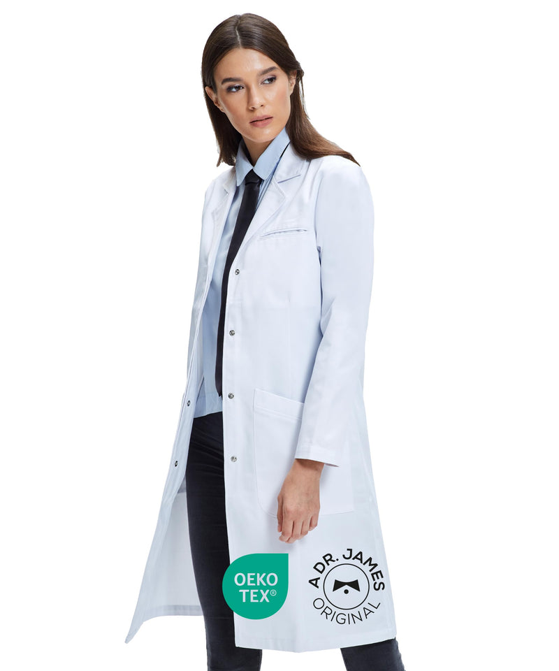 Dr. James Women’s Lab Coat – 100% Cotton, Classic Fit, Shaped for Women, 3 Pockets, 37” Length, OEKO-TEX® Certified 12 (L)
