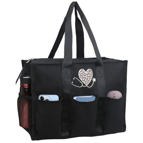 ABAMERICA Nurse Bag Work Nursing Bag Multi Pockets Waterproof Zipper Clinical Bag for Nursing Students B23 - Nurse Black with M B23 - Nurse Black With Leopard Embroidery