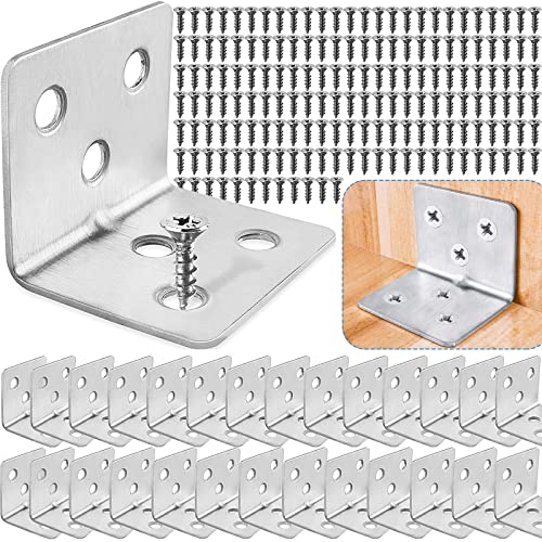 Stainless Steel L Bracket Corner Braces + Screws, Small Corner Bracket for Wood, Heavy Duty Metal Right Angle Bracket for Wooden Shelves Table Chair Bed Cabinet Furniture