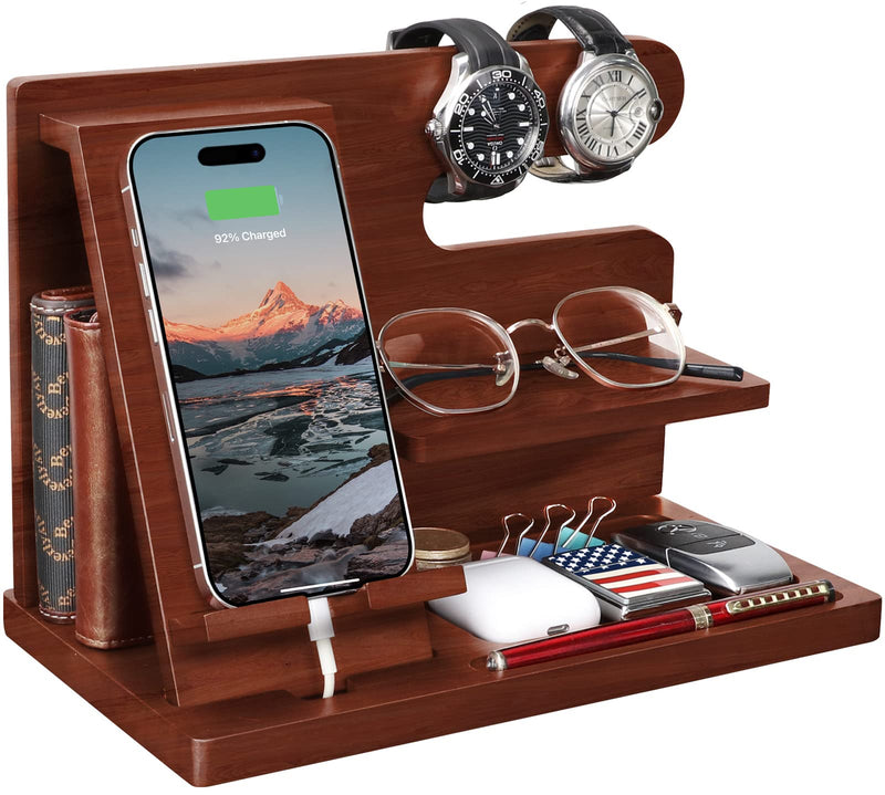 Wood Phone Docking Station - Nightstand Organizer for Cell Phone, Watch, Wallet - Birthday Gift for Dad or Husband Brown