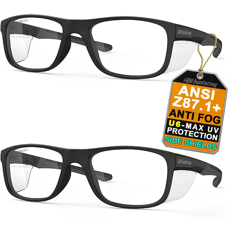 HTS HUNTERSKY TR90NZZ Safety Glasses with Side Shield Small Size Women Men ANSI Z87 Anti Fog Scratch Resistant Lab Pickleball Black/Clear 2 Pack