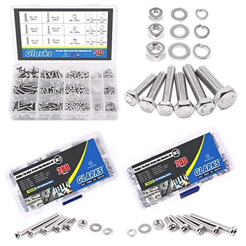 Glarks 510Pcs Flat Hex Stainless Steel Screws Bolts Nuts Lock and Flat Gasket Washers + 560Pcs M2 M3 Phillips Pan Head Stainless Steel Screws Bolts Nuts Lock and Flat Washers Assortment Kit