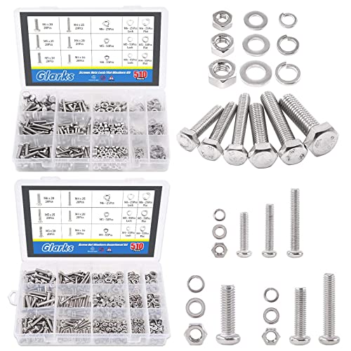 Glarks 1020Pcs Flat Hex & Pan Head Stainless Steel Screws Nuts Lock and Flat Gasket Washers Assortment Kit
