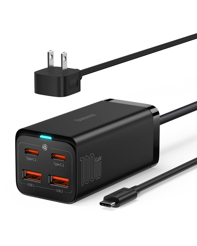 USB C Charger, Baseus 100W PD GaN3 Fast Wall Charger Block, 4-Ports [2USB-C + 2USB] Charging Station with 5ft Extension Cord for Steam Deck, MacBook Pro, iPhone 15/14/13, Samsung Galaxy, etc Black