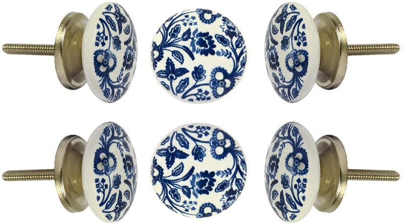TRINCA-FERRO Set of 6 Ceramic Round Handmade White and Blue Floral Knob for Cabinets Dresser Drawers Laundry Room Closet Doors Knobs for Interior/Exterior | Office | Bedroom | Bathroom | Kitchen | Beckenham