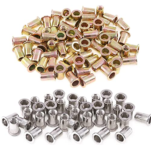 Keadic 200Pcs M6 Metric Zinc Stainless Steel Plated Carbon Steel Rivet Nut Flat Head Threaded Insert Nutsert Kit for Automotive, Furniture, Decoration