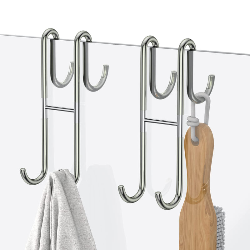 Over Shower Glass Door Hook, 2 Pack Silver 304 Stainless Steel Extended Shower Door Hooks, Bathroom Frameless Drilling-Free Hanger, Double Side Towel Hooks, for Bathing Suits, Robe, Loofah, Shaver 2PC