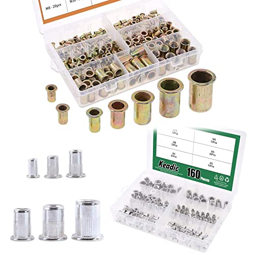 Keadic 380Pcs Metric Zinc Plated Carbon Steel Aluminum Rivet Nut Assortment Kit, M3 M4 M5 M6 M8 M10 M12 Flat Head Threaded Insert Nutserts for Automotive for Automotive, Furniture, Decoration