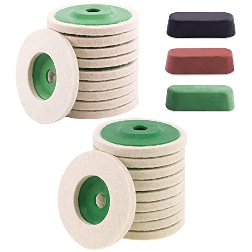 Keadic 23Pcs 100mm×8mm Wool Felt Polishing Wheel Disc Kit for 4" Angle Grinder, Comes with 3Pcs Buffing, Polishing & Cutting Compounds - Black, Brown & Green